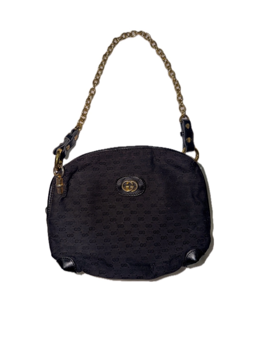Gucci Vintage 70’s Round Canvas Shoulder Bag in Black and Gold